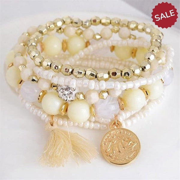 Beige Beads 6 Piece Bohemia Style Multi-layer Gold Coin Tassel Bracelet