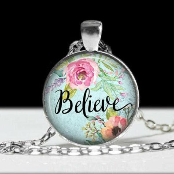 Believe Round Cabochon Glass Silver Tone Necklace-Necklace-SPARKLE ARMAND