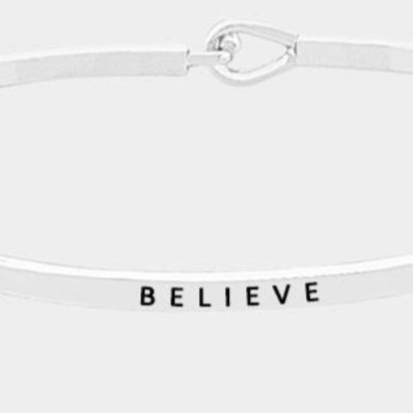 "Believe" Thin Silver Metal Hook Bracelet
