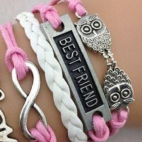 Best Friend, Owl, Infinity, Love, Pink & White, Friendship Bracelet