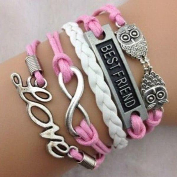 Best Friend, Owl, Infinity, Love, Pink & White, Friendship Bracelet