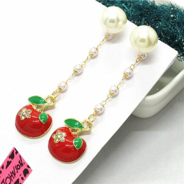 Betsey Johnson Apple Faux Pearl Rhinestone Earrings-Earring-SPARKLE ARMAND