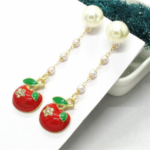 Betsey Johnson Apple Faux Pearl Rhinestone Earrings-Earring-SPARKLE ARMAND