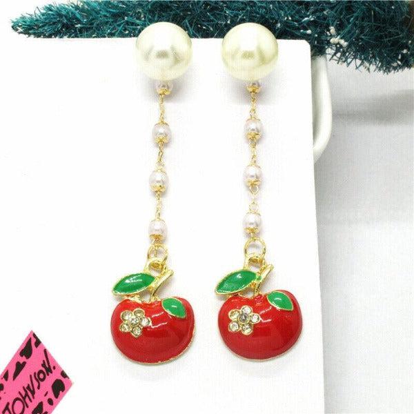 Betsey Johnson Apple Faux Pearl Rhinestone Earrings-Earring-SPARKLE ARMAND