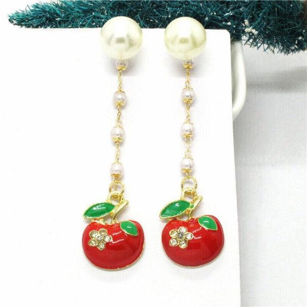 Betsey Johnson Apple Faux Pearl Rhinestone Earrings-Earring-SPARKLE ARMAND