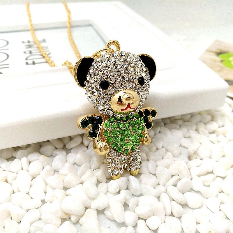 Betsey Johnson Bear Crystal Inlay Green Heart Movable Rhinestone Necklace-Necklace-SPARKLE ARMAND