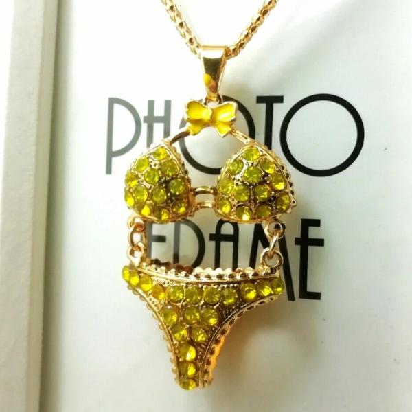 Betsey Johnson Bikini Swim Suit Yellow Rhinestone Bow Gold Necklace-Necklace-SPARKLE ARMAND