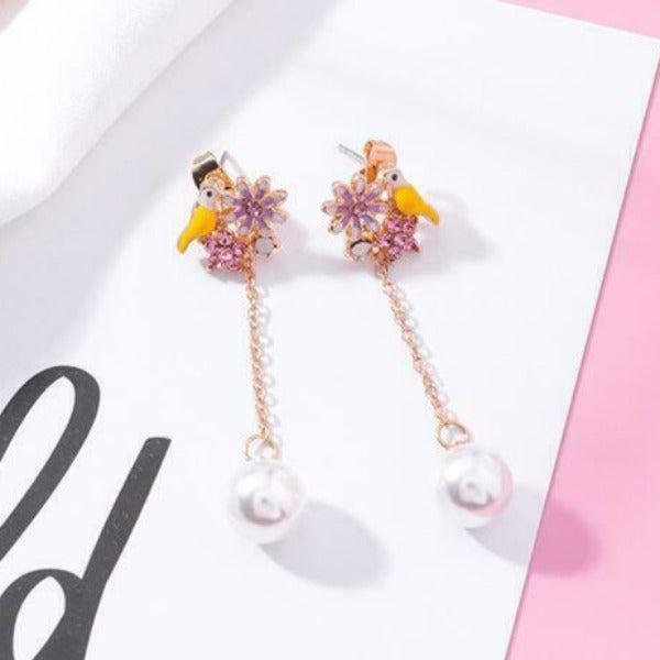 Betsey Johnson Bird Flower Rhinestone Faux Pearl Earrings-Earring-SPARKLE ARMAND