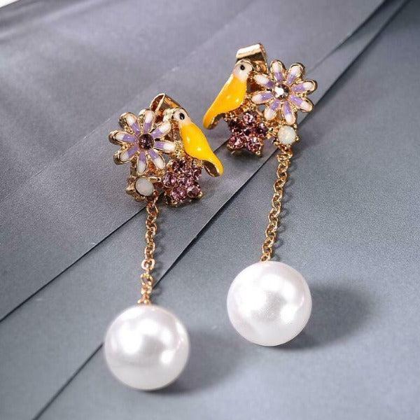Betsey Johnson Bird Flower Rhinestone Faux Pearl Earrings-Earring-SPARKLE ARMAND