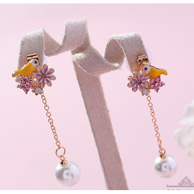 Betsey Johnson Bird Flower Rhinestone Faux Pearl Earrings-Earring-SPARKLE ARMAND
