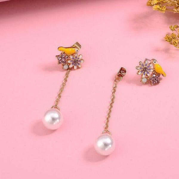 Betsey Johnson Bird Flower Rhinestone Faux Pearl Earrings-Earring-SPARKLE ARMAND