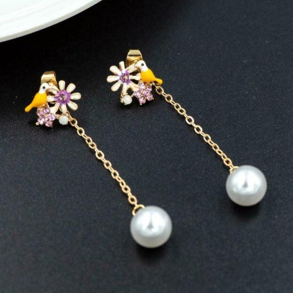 Betsey Johnson Bird Flower Rhinestone Faux Pearl Earrings-Earring-SPARKLE ARMAND