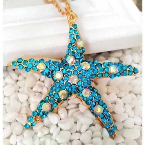 Betsey Johnson Blue & Abalone Crystal Starfish Gold Necklace-Necklace-SPARKLE ARMAND
