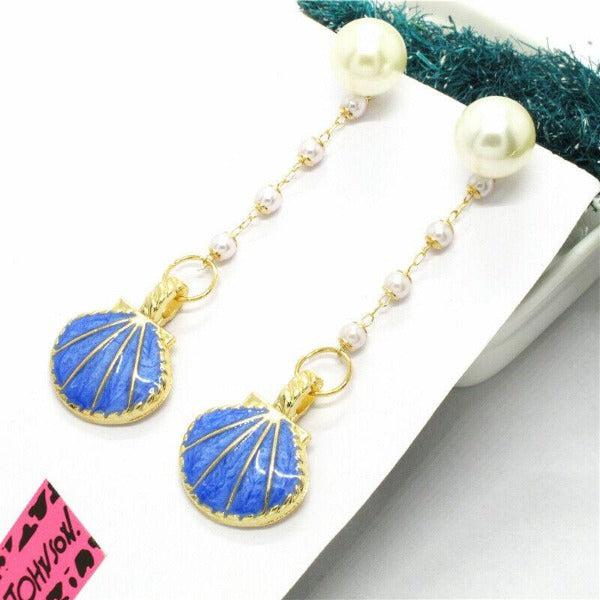 Betsey Johnson Blue Clam Shell Faux Pearl Earrings-Earring-SPARKLE ARMAND