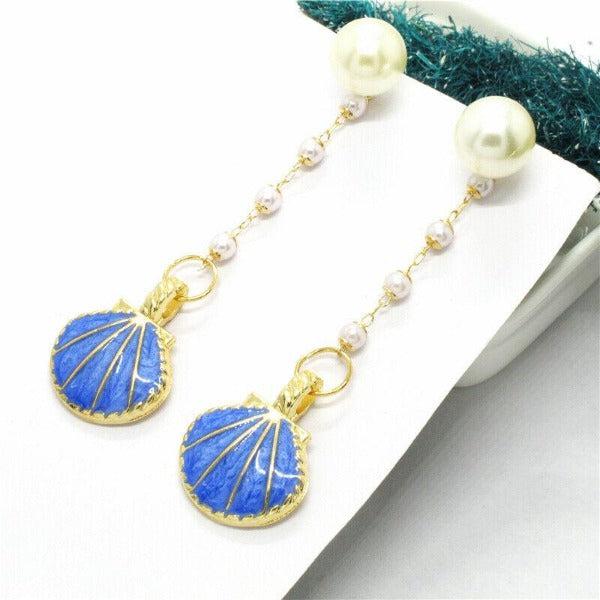 Betsey Johnson Blue Clam Shell Faux Pearl Earrings-Earring-SPARKLE ARMAND