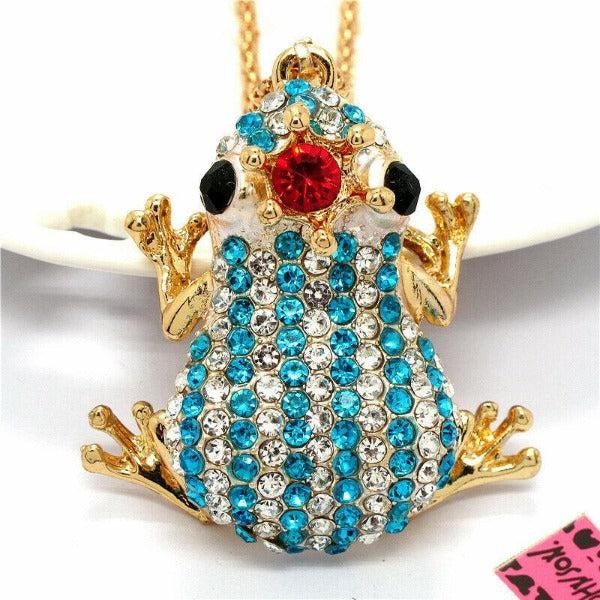 Betsey Johnson Blue & Clear Crystal Crowned Striped Frog Pendant Necklace-Necklace-SPARKLE ARMAND