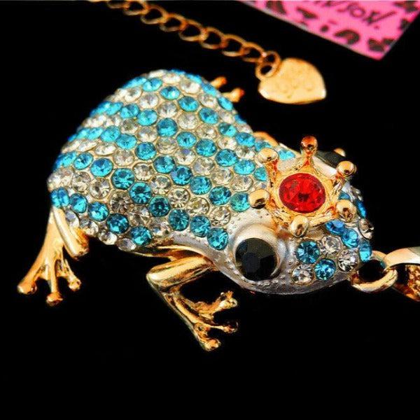 Betsey Johnson Blue & Clear Crystal Crowned Striped Frog Pendant Necklace-Necklace-SPARKLE ARMAND