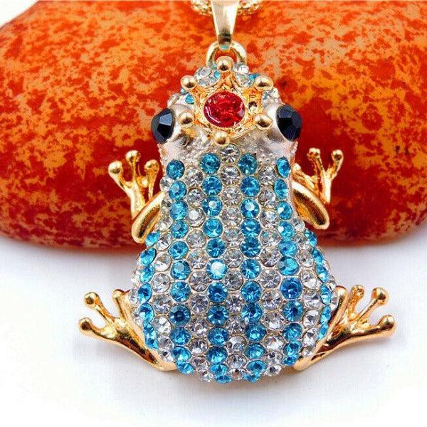 Betsey Johnson Blue & Clear Crystal Crowned Striped Frog Pendant Necklace-Necklace-SPARKLE ARMAND