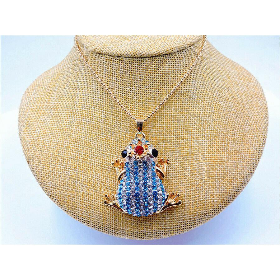 Betsey Johnson Blue & Clear Crystal Crowned Striped Frog Pendant Necklace-Necklace-SPARKLE ARMAND