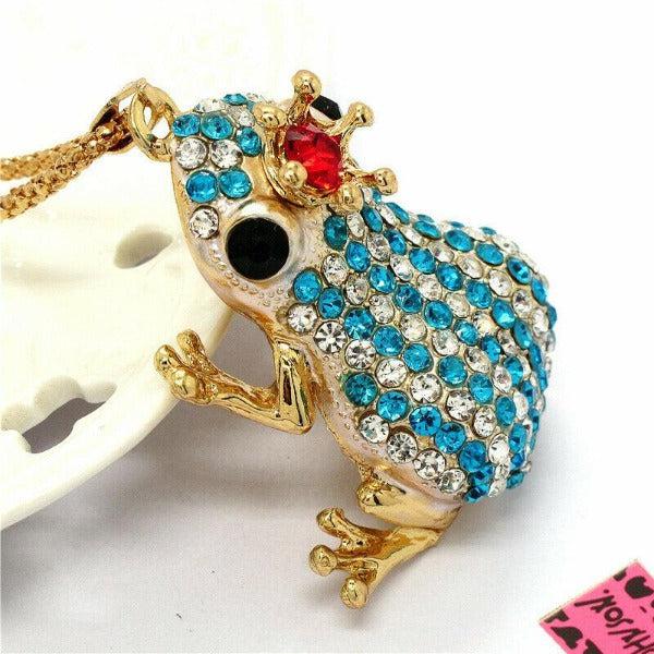 Betsey Johnson Blue & Clear Crystal Crowned Striped Frog Pendant Necklace-Necklace-SPARKLE ARMAND