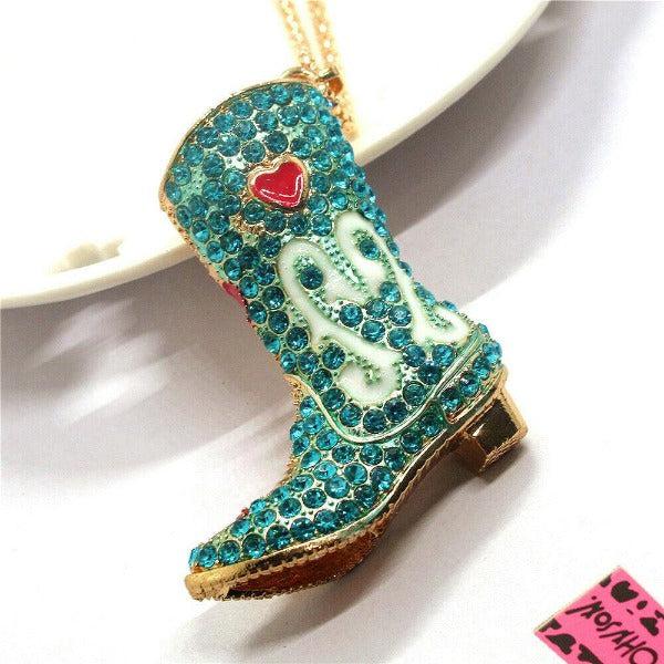 Betsey Johnson Blue Cowboy Boot with Heart Pendant Necklace-Necklace-SPARKLE ARMAND