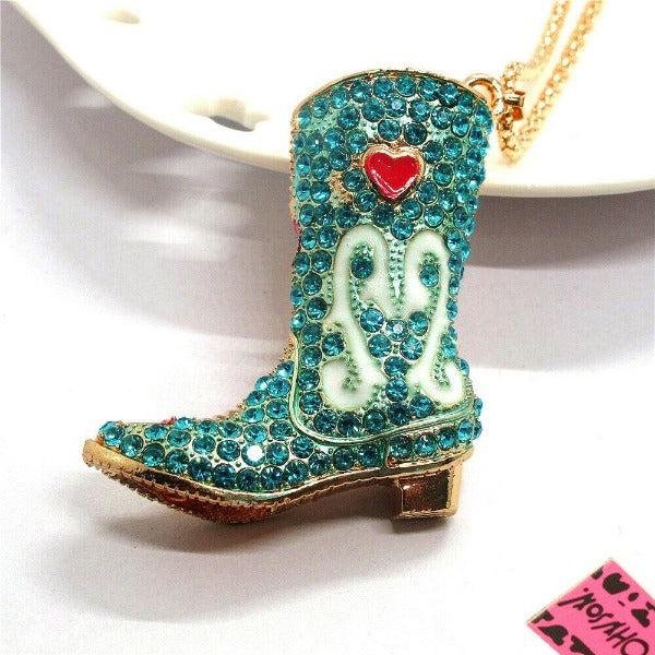 Betsey Johnson Blue Cowboy Boot with Heart Pendant Necklace-Necklace-SPARKLE ARMAND