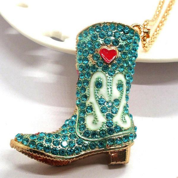 Betsey Johnson Blue Cowboy Boot with Heart Pendant Necklace-Necklace-SPARKLE ARMAND