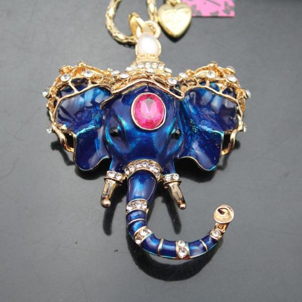 Betsey Johnson Blue Elephant With Red Crystal Inlay Gold Necklace-Necklace-SPARKLE ARMAND