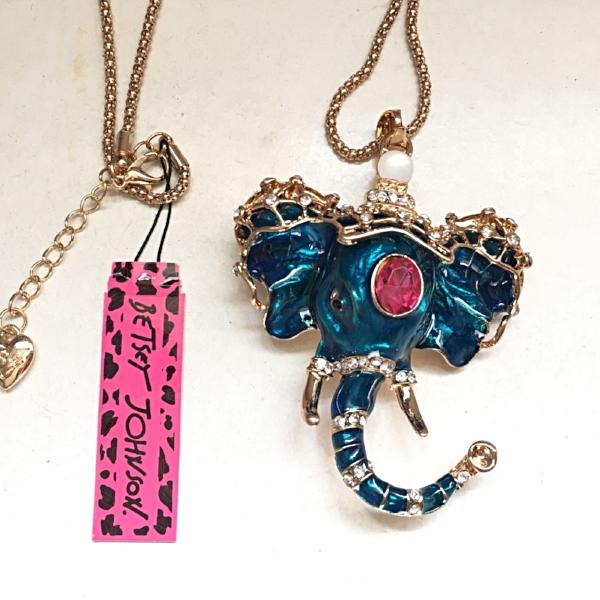 Betsey Johnson Blue Elephant With Red Crystal Inlay Gold Necklace-Necklace-SPARKLE ARMAND