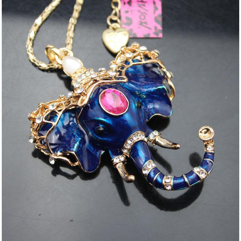 Betsey Johnson Blue Elephant With Red Crystal Inlay Gold Necklace-Necklace-SPARKLE ARMAND