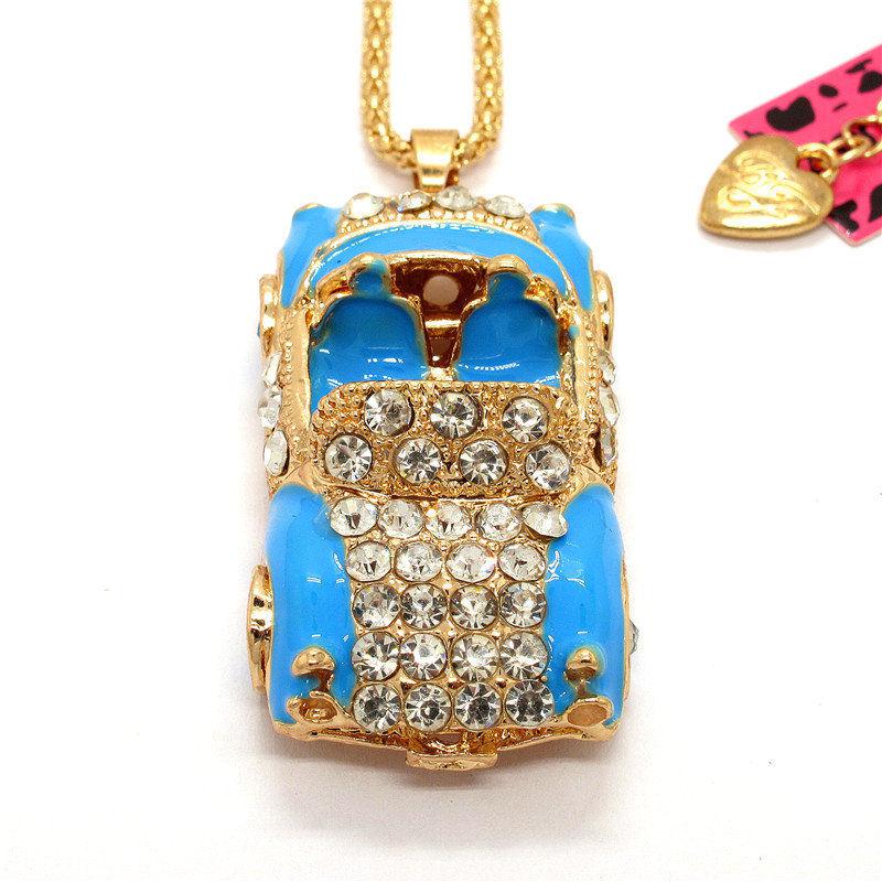 Betsey Johnson Blue Enamel Convertible Car Crystal Pendant Necklace-Necklace-SPARKLE ARMAND