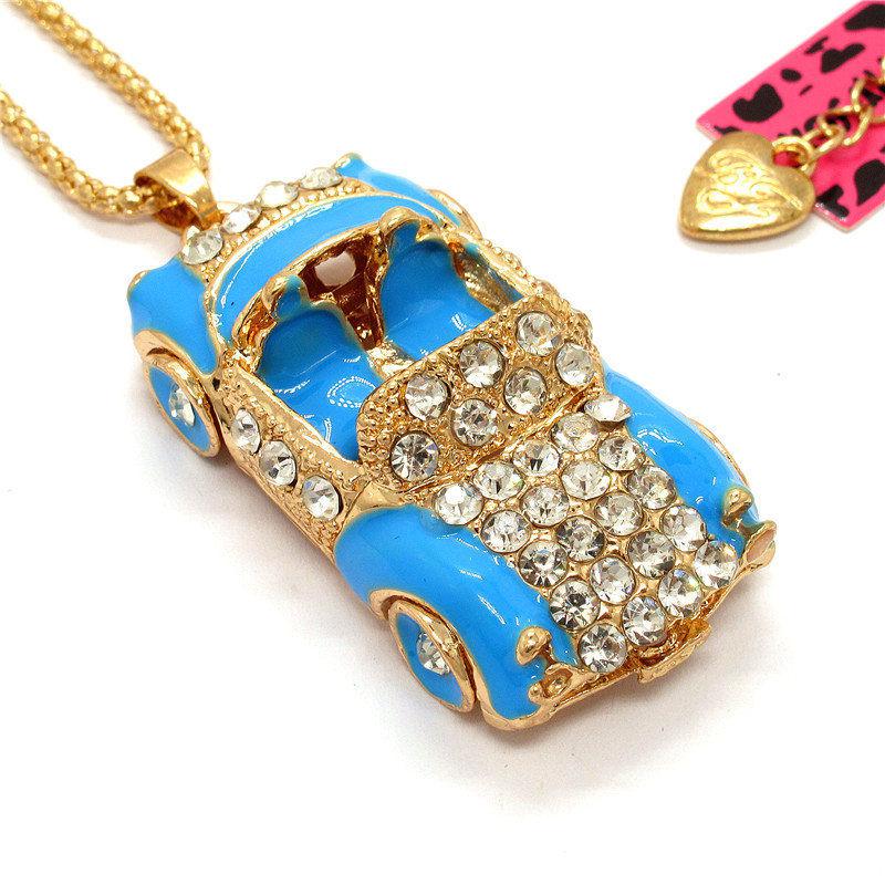 Betsey Johnson Blue Enamel Convertible Car Crystal Pendant Necklace-Necklace-SPARKLE ARMAND