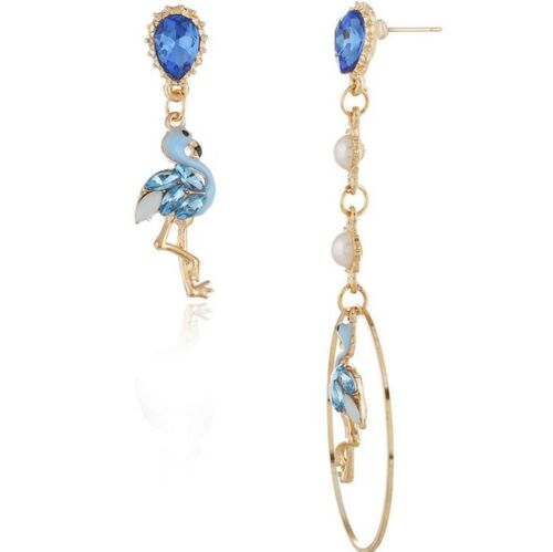 Betsey Johnson Blue Flamingo Crystal Mismatch Earrings-Earring-SPARKLE ARMAND