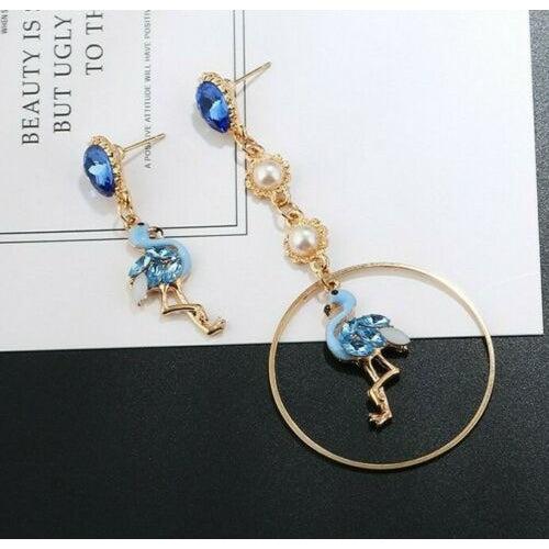 Betsey Johnson Blue Flamingo Crystal Mismatch Earrings-Earring-SPARKLE ARMAND
