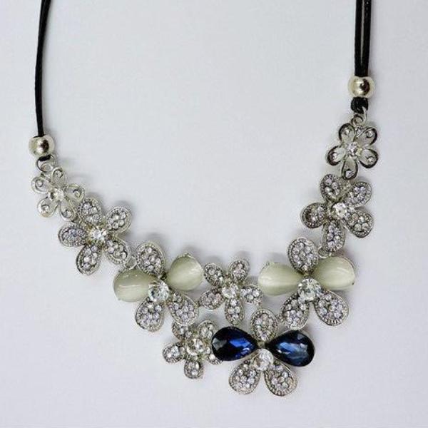 Betsey Johnson Blue & White Crystal Opal Colored Silver Flower Necklace-Necklace-SPARKLE ARMAND