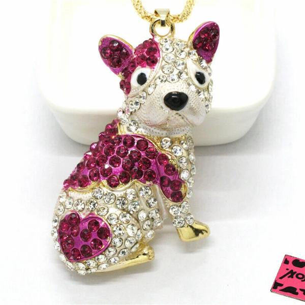 Betsey Johnson Bulldog Pink & White Crystal Pendant Necklace-Necklace-SPARKLE ARMAND