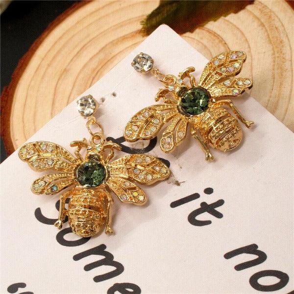 Betsey Johnson Bumble Bee Green Crystal Gold Earrings-Earring-SPARKLE ARMAND