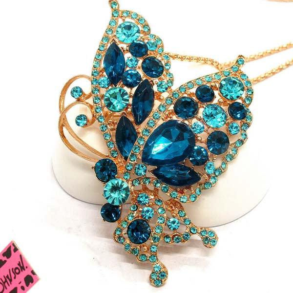 Betsey Johnson Butterfly Blue Rhinestone Pendant Necklace-Necklace-SPARKLE ARMAND