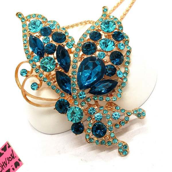 Betsey Johnson Butterfly Blue Rhinestone Pendant Necklace-Necklace-SPARKLE ARMAND