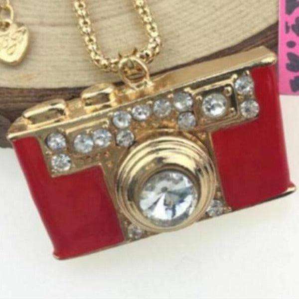 Betsey Johnson Camera Photography Crystal Red Enamel Necklace-Necklace-SPARKLE ARMAND