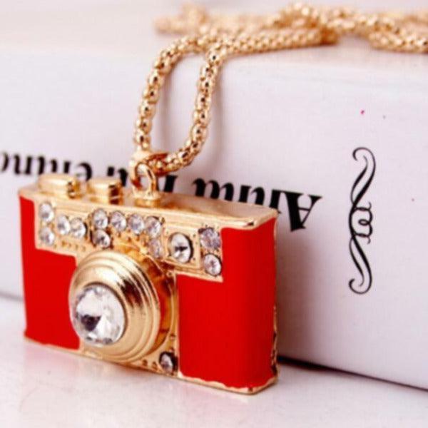 Betsey Johnson Camera Photography Crystal Red Enamel Necklace-Necklace-SPARKLE ARMAND