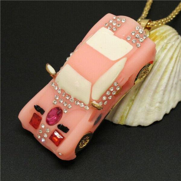 Betsey Johnson Car Pink Resin Rhinestone Gold Necklace-Necklace-SPARKLE ARMAND