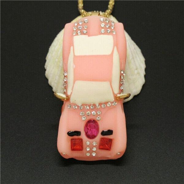 Betsey Johnson Car Pink Resin Rhinestone Gold Necklace-Necklace-SPARKLE ARMAND