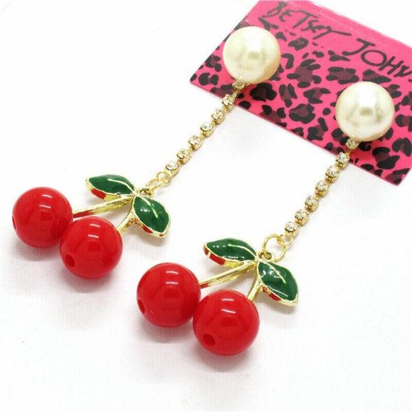 Betsey Johnson Cherry Rhinestone Pearl Dangle Earrings-Earring-SPARKLE ARMAND