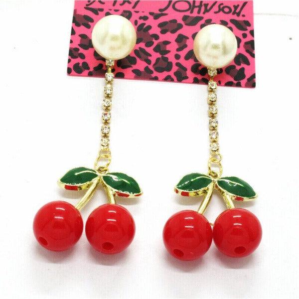Betsey Johnson Cherry Rhinestone Pearl Dangle Earrings-Earring-SPARKLE ARMAND
