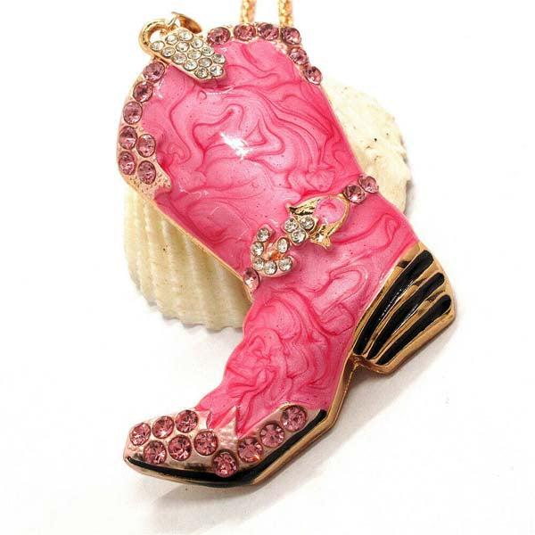 Betsey Johnson Cowboy Boot Dark Pink Marble Crystal Pendant Necklace