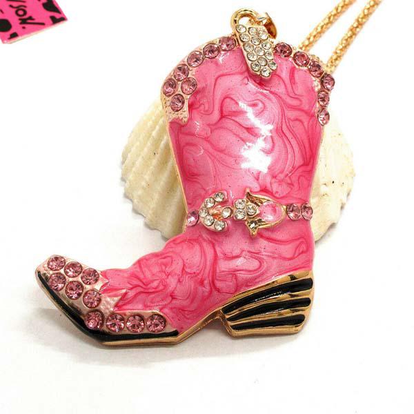 Betsey Johnson Cowboy Boot Dark Pink Marble Crystal Pendant Necklace
