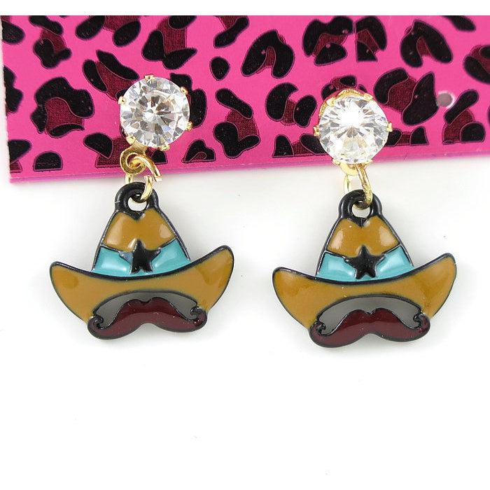 Betsey Johnson Cowboy Hat Mustache Clear Rhinestone Earrings-Earring-SPARKLE ARMAND