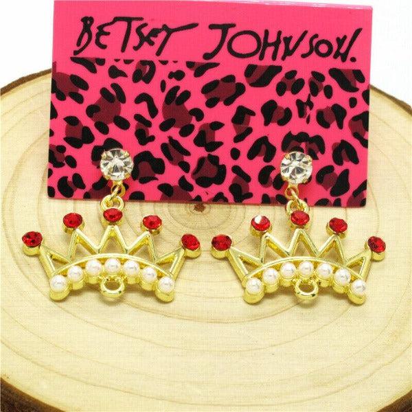Betsey Johnson Crown Red Rhinestone Gold Dangle Earring-Earring-SPARKLE ARMAND