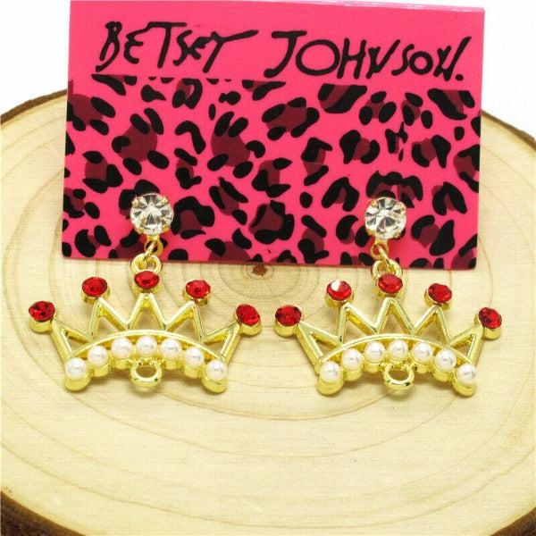 Betsey Johnson Crown Red Rhinestone Gold Dangle Earring-Earring-SPARKLE ARMAND